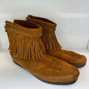 Minnetonka Moccasins Womens 9 Brown Double Fringe Tassel Booties Side Zip